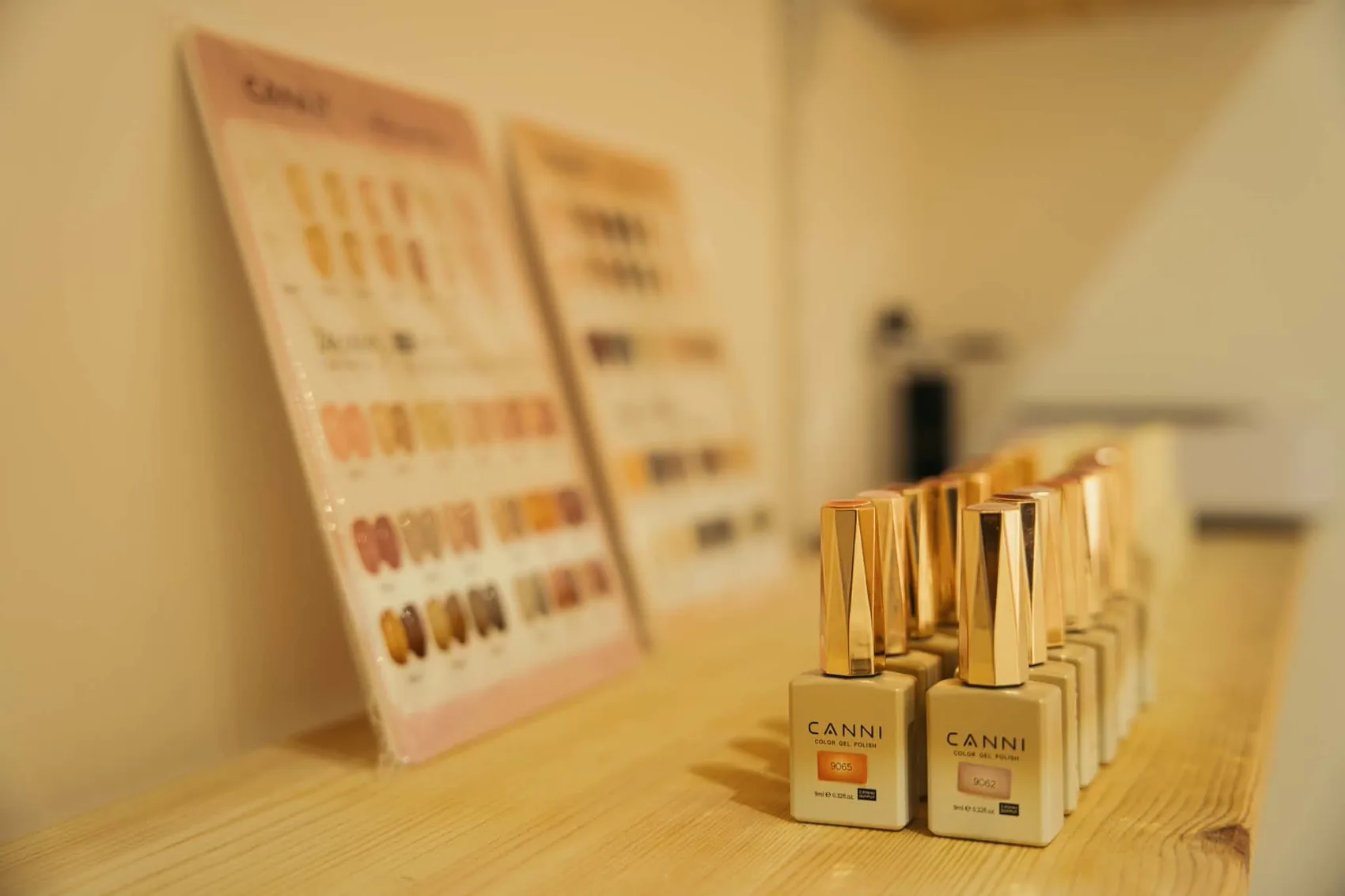 Vernis semi-permanents CANNI alignés devant les nuanciers